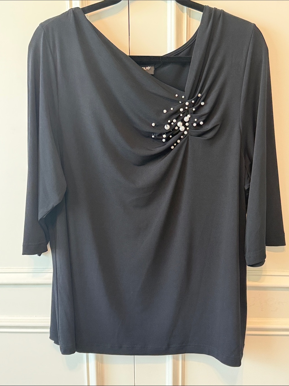Avenue Black Draped Long-Sleeve Top with Pearl Accents